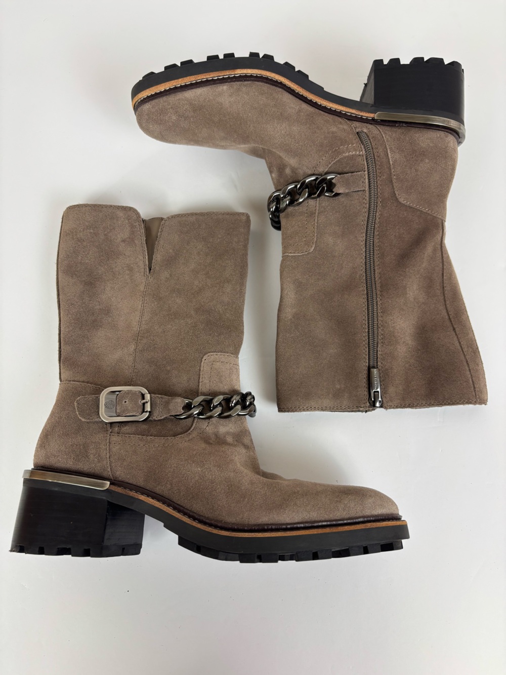Vince Camuto Keshilla Suede Leather Chain Moto Chunky Boots Taupe Size 8.5 - Picture 10 of 14
